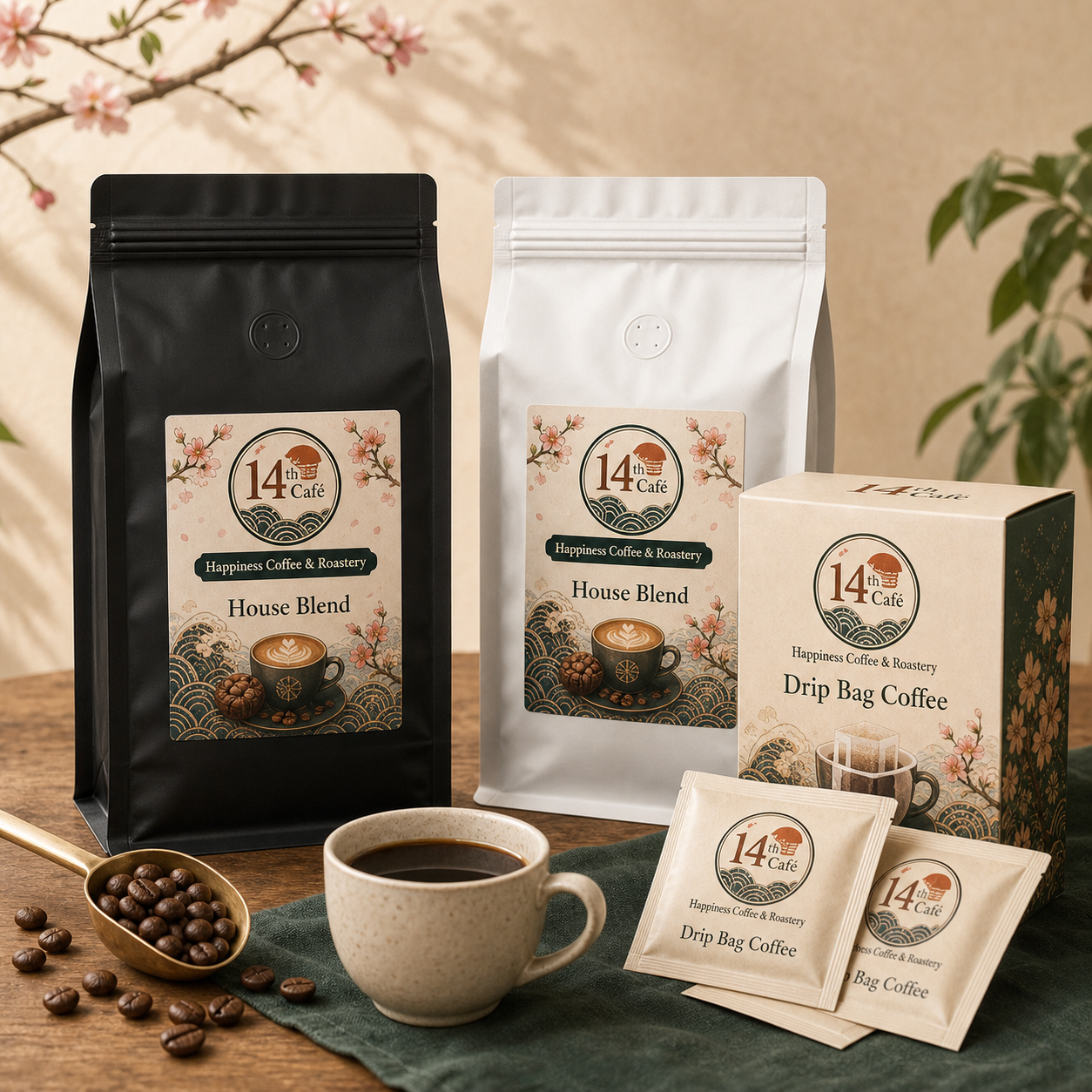 Happiness Coffee beans, drip bag and retail product collection
