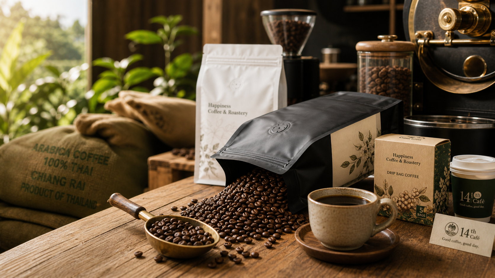 Happiness Coffee Roastery beans, coffee bags, drip bag and roastery setup